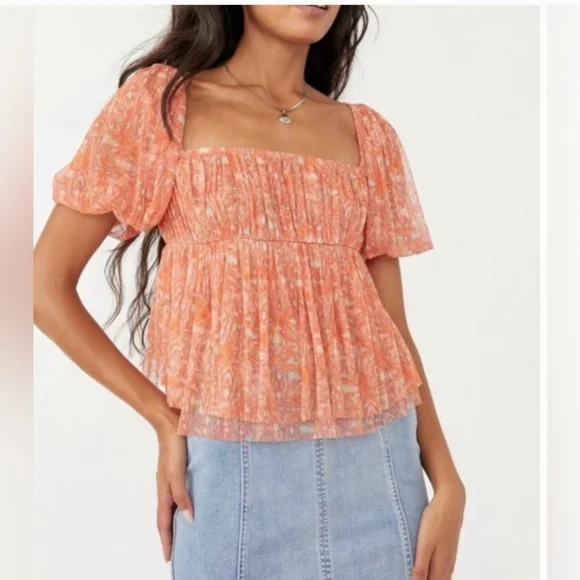 NWT Free People Penelope Peach Blouse Puff sleeve sz M - Picture 2 of 8